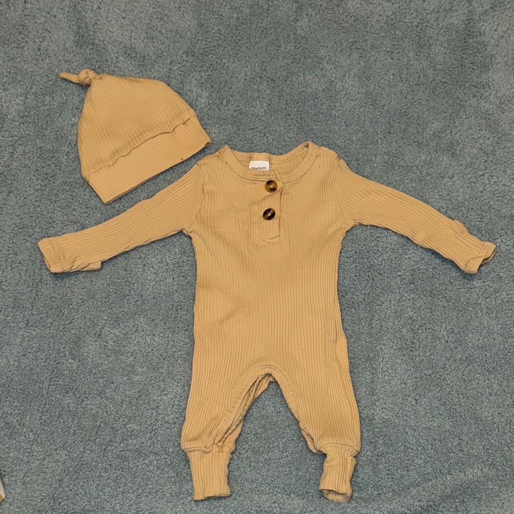 Newborn ribbed tan one piece with hat